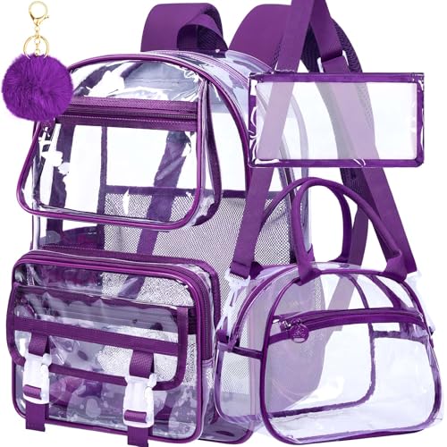 KLFVB Mochila transparente resistente, 3 peças para meninas, conjunto de mochila escolar transparente fofa para mulheres - roxo escuro