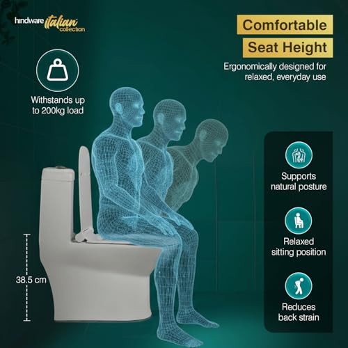 Image of Hindware Italian Collection Studio Commode for Bathroom |S-300 Trap |Made of Ceramic |12-year Manufacturer Warranty |3D Syphonic Flushing |Rimless |Duroplast /UF Seat Cover |Soft Close |One-Piece EWC