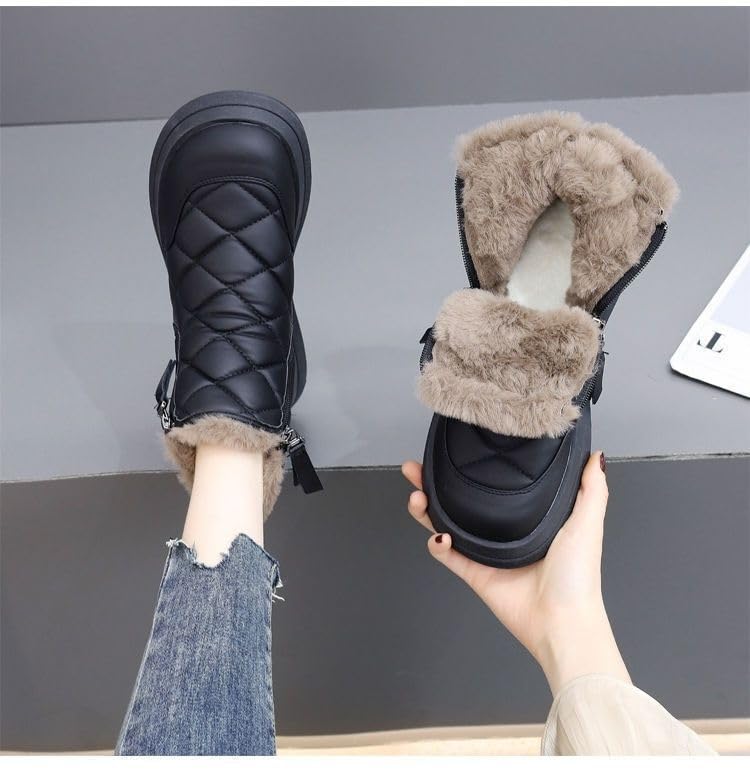 Women's Flat Ankle Boots, Side Zipper Plush Lined Snow Boots, Winter Warm Outdoor Shoes (Black,US 6)2