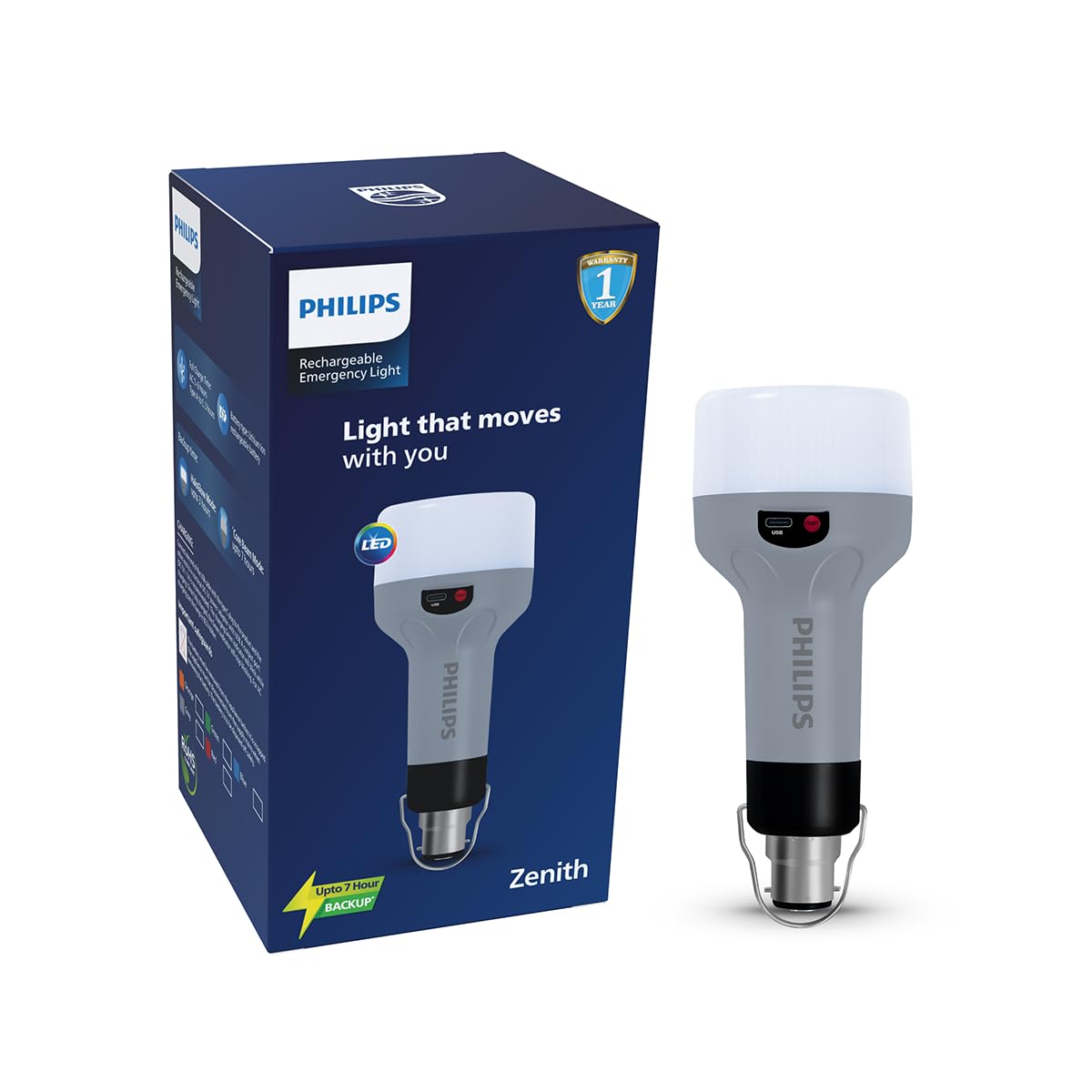 Philips Zenith 9W Portable Emergency Torch Light | LED Bulb, B22 Base | Up to 7 Hours Backup, Type-C & AC Charging, Lithium-Ion Battery, Includes Hanging Hook (Grey) | Cool Day Light, Pack of 1-image-38