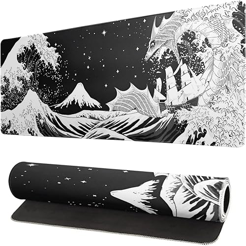 Image of Printed Gaming Mousepad - Large 11x23 Inch Desk Mat with Non-Slip Rubber Base, Smooth Surface & Stitched Edges - Japanese Waves Dragon Design for Office & Gaming Setup (Black & White)