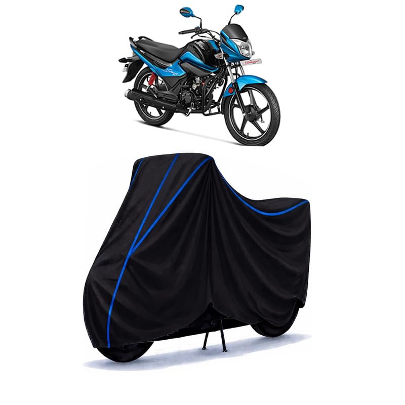 Image of Hero Super Splendor New Bike Cover Water Resistant Universal Motorcycle Rain | Heavy Duty UV Protection, Dust, Scratch Indoor Outdoor All Weather with Black Blue Piping Elastic