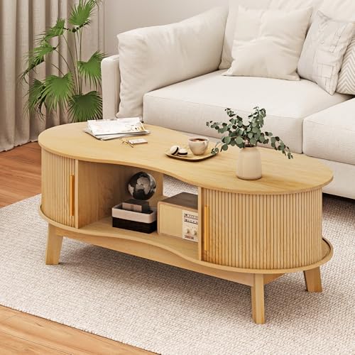 Homiflex Coffee Table, Dual Oval Coffee Table with with Storage Cabinet and Sliding Tambour Door, 2-Tier Open Storage Shelf, Mid Century Modern Coffee Tables for Living Room, Natural