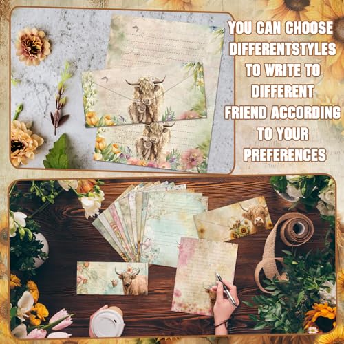 Image of TaoBary 160 Pcs Floral Highland Cow Stationery Paper and Envelopes Set 50 Double Sided Lined Stationery Paper with 50 Envelopes and 60 Round Dot Sticker 8.5 x 11'' Letter Writing Kit, 10 Design