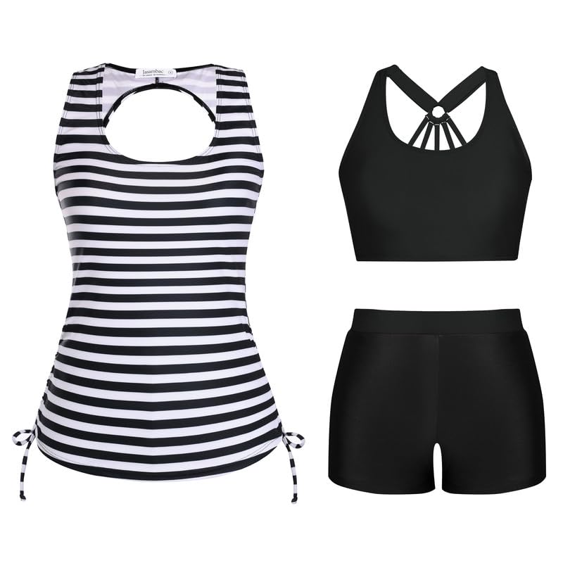 JASAMBAC Tankini Mit Shorts,Badeanzug Damen Bauchweg,3-Teiliger Bikini Damen Set,Push-Up-Bikinioberteil Und High Waist Badeshorts,Einfache Badebekleidung,Sport-Badeanzüge