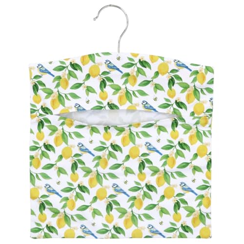 Gisela Graham Lemon & Blue Tit Peg Bag – Hanging Clothes Peg Storage with Hook – Laundry Peg Holder with Bright Lemon Print, Birds & Bees Design