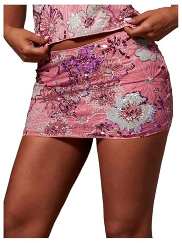 MakeMeChic Women's Floral Sequin Skirt Sparkly Low Waist Bodycon Party Short Skirts