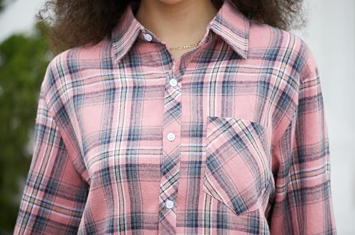 Image of SANGTREE Women and Girls Long Sleeve Flannel Casual Button Down Plaid Shirt