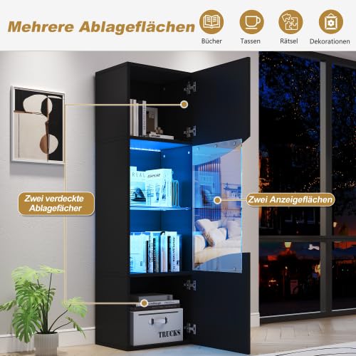 Merax Vitrina de 35 x 50 x 165 cm, vitrina de cristal brillante con control de aplicación LED, armario de vitrina con puerta de cristal y 4 estantes, vitrina de pie, armario multifunción, color negro