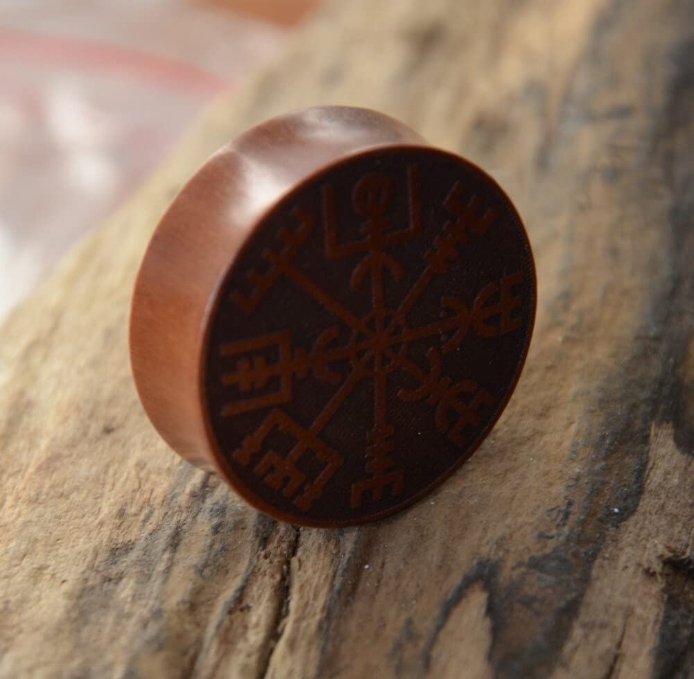 CHICNET Plug Flesh Tunnel Ohr Piercing rot braun Holz mit Gravur Inlay, double flared Wikinger Kompass Runen Viking Vegvisir Tribal Celtic Dehner 6mm-30mm