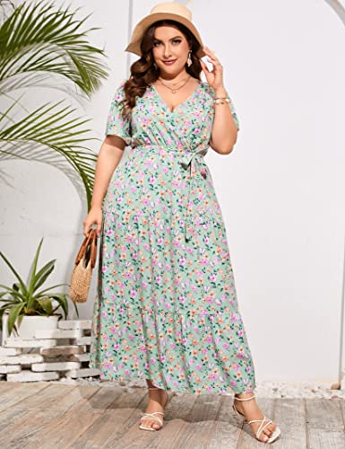 Image of ShopWonder Womens Plus Size V Neck Wrap Maxi Dress High Waist Ruffle Summer Casual Dress with Belt
