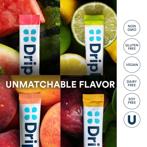 dripdrop sugar free hydration packets - zero classic variety pack - single serve electrolytes powder drink mix - lemon lime watermelon peach passion fruit - non-gmo gluten free vegan - 16 sticks