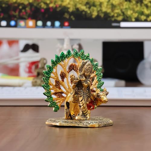Image of KridayKraft Elegant Cowkrishna Murti - Divine Lord Krishna Idol for Home & Office Decor, Intricately Designed Pooja Statue & Spiritual Showpiece for Living Room, Bedroom, Temple (Golden)