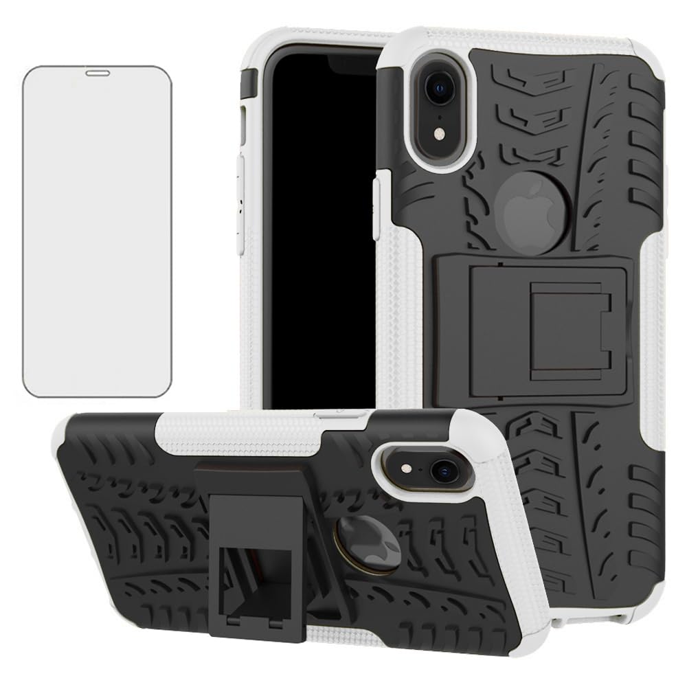Asuwish Phone Case for iPhone XR 6.1 with Tempered Glass Screen Protector Stand Hybrid Heavy Duty Rugged Protective Cell Cover iPhoneXR iPhone10R i Phonex 10XR 10R RX CR iPhoneXRcases Women Men White