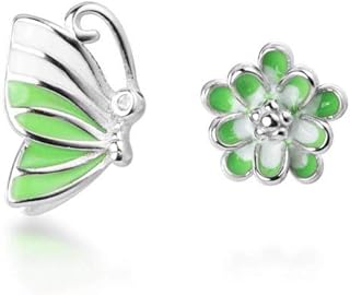 S925 Pequeños Pendientes de Mariposa Asimétricos de Estilo Bosque Fresco de Plata Y Pendientes de Flores de Color Verde Claro Joyería Femeninaun par, Plata 925