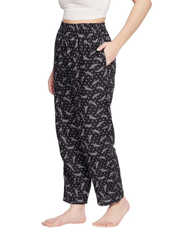 Image of Clovia Women's Rayon Leaf Print Pyjama In Black
