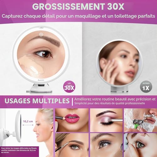 Auxmir Miroir Grossissant 30X Lumineux à Ventouse, 3 Modes d'Éclairage LED – vue 2