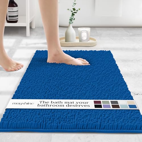 Image of MAYSHINE Small Plush Shaggy Chenille Bath Mat 23 inchx14 inch Extra Soft, Super Absorbent, Non-Slip Bathroom Rug | Fluffy Microfiber, Area Rug Sets for Bathroom Floor, Kitchen, Living Room | Dark Blue