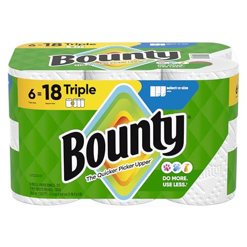 Bounty Paper Towels Select-A-Size, White, 6 Triple Rolls = 18 Regular Rolls