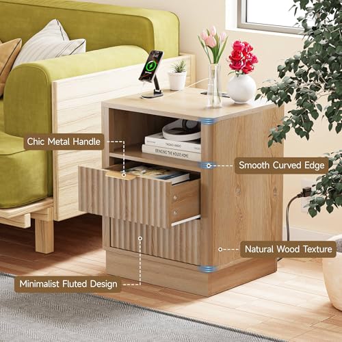 Image of Nightstand with Charging Station, Fluted Bedside Table with 2 Storage Drawer and Open Wood Shelf, Night Stand with Solid Wood Base for Bedroom, Side Table, End Table, Oak