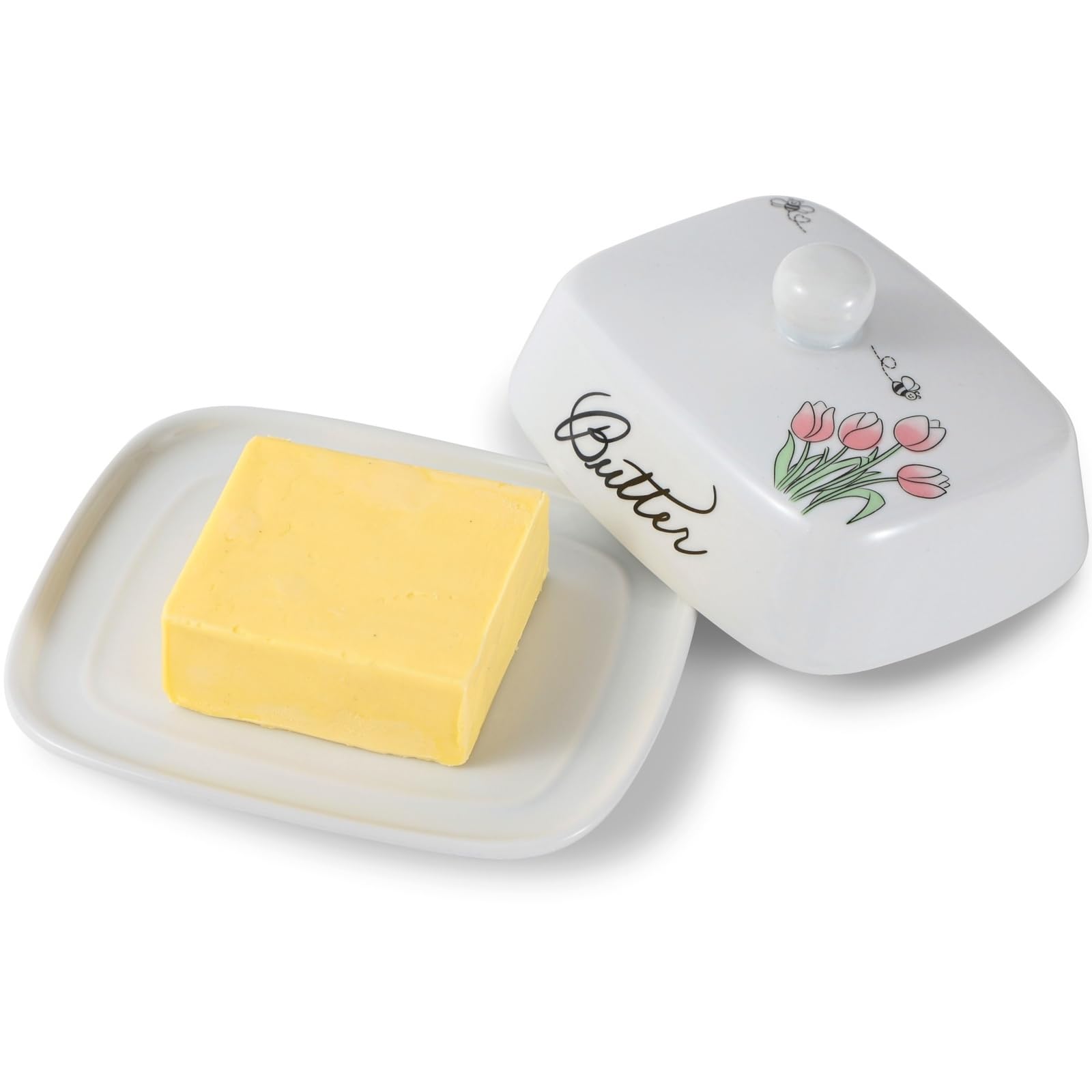 Hochwertige Keramik Butterdose für 250g Butter, Weiß mit Blumen Bienen Muster, Spülmaschinengeeignet, Klassische Butterg