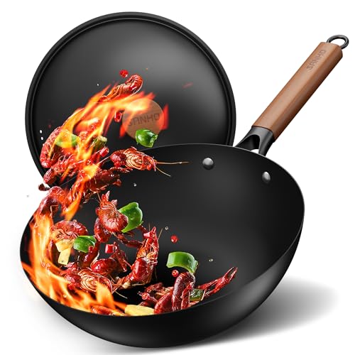 Sanho 12'/30cm Carbon Steel Wok Pan, 4QT Nonstick Wok with Lid, No Seasoning Required & 0 Coating, Compatible with All Cooktops & Utensils for Healthy Stir Frying, Frying, Boiling, Steaming