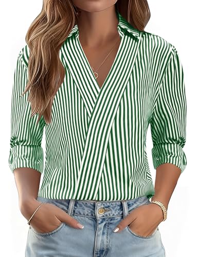 Image of LOMON 3 /4 Length Sleeve Womens Tops Dressy V Neck Collared Shirts Trendy Business Casual Work Blouses Vacation Outfits 2026