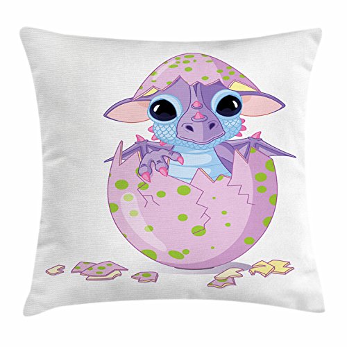 Lunarable Cartoon Throw Pillow Cushion Cover, Dragon Hatched from Egg Mythological Monster, Decorative Square Accent Pillow Case, 36