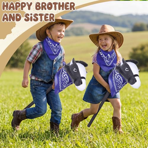 Image of Poen 4 Pack Light Brown Horse Stick with Sound Red Bandana Set 27.6'' Toys Stick Horse Western Cowboy Bandana Head with Neighing Sound for Boys Girls Fun Pretend Games Son Daughter (Black and Blue)