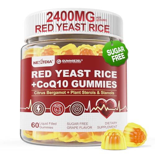 Red Yeast Rice Gummies 2400MG with CoQ10, Suagr Free Balanced Chṏlesterṏl Supplements Plus Citrus Bergamot, Plant Sterols & Stanols Supports Vḁsculḁr Health, Energy, Immunity for Age 50+,Vegan,60 Cts