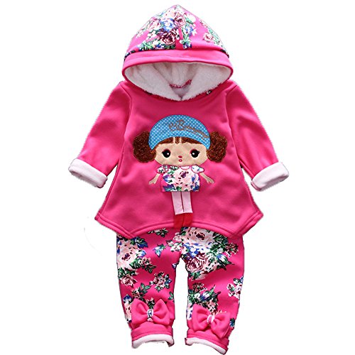 Spring Autumn Winter Little Baby Girls Clothing Set Warm Velvet Hoodie and Pants (2-3Years, Red)