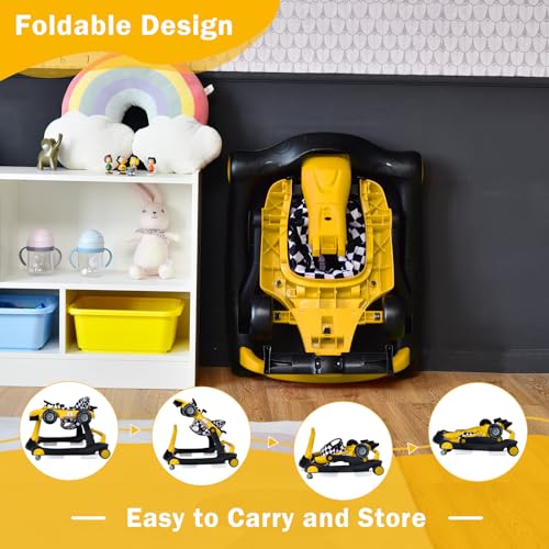 Image of GLACER Foldable Baby Walker, 4-in-1 Infant Walker with Adjustable Height & Speed, Music, Light, Steering Wheel & Washable Cushion, Baby Walker Activity Center for Boys Girls 6 -18 Months (Yellow)