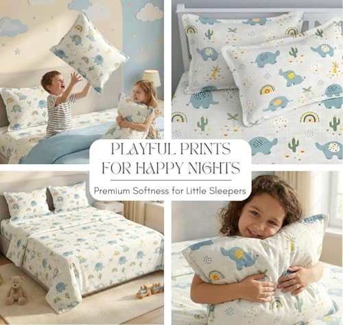 Image of RD FABS Glace Cotton Wrinkle Free Soft Hypoallergenic Elastic Fitted Cartoon Printed Bedsheets for Kids with 2 Pillow(Size,78 x 72 Inches(Fits up to 8 Inch),Grey Elephant),Double Bed,300 TC