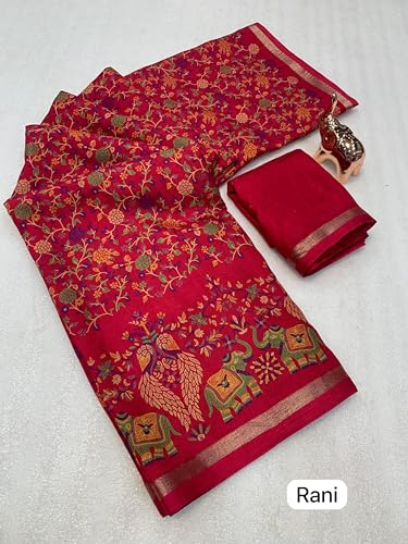 Image of Kalamkari Floral Prints Dola Silk Saree With Rich Zari Border Designer Pallu Attach Blouse Piece