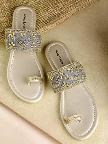 Marc Loire Women's Grey Embroidered Slip On Flip Flop Ethnic Flats Chappal
