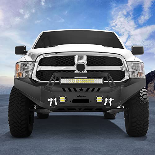 Image of Nilight Front Bumper with Shackle & Light for 2013-2018 Dodge Ram 1500 (Excl. Rebel) & 2019-2024 Ram 1500 Classic Pickup Truck with Winch Plate, Light Bar+2Pcs Pod, Full Width Solid Steel