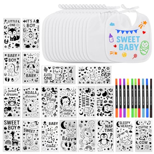 Wriligel Babadores de bebé para pintar 22 x 18 cm, conjunto de 15 babetes de algodão com 12 marcadores aguareláveis e 20 palmilhas, presente criativo para chá de bebé