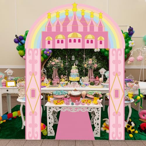 Image of Tingjoo 4 Pcs Princess Castle Door Banner Entryway Party Decorations Emerald Pink Castle Backdrop Hanging Banner Runner for Christmas Girls Birthday Holiday Wizard Party Baby Shower