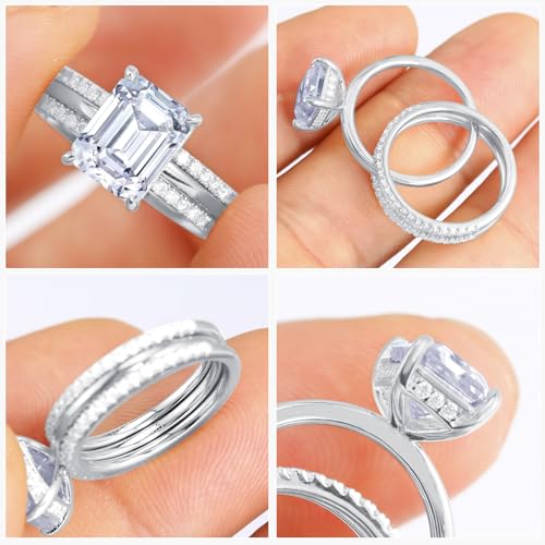 Image of Moissanite Wedding Ring Set for Women, D Color VVS1 Cushion /Emerald Cut Bridal Set Wedding Bands S925 Sterling Silver with 18K White Gold Plated Engagement Anniversary Rings for Her Size 4-8.5