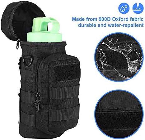 ProCase Water Bottle Pouch, Tactical MOLLE Hydration Carrier Bag with Extra Accessory Pouch and Detachable Shoulder Strap, Gift for Father's Day -Black