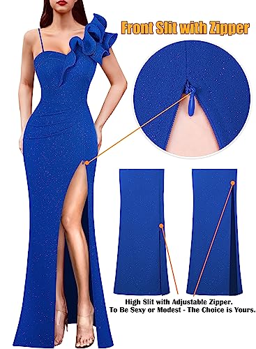 Image of VFSHOW Womens Ruffle One Shoulder Strap Ruched Formal Prom Wedding Maxi Dress V Neck Elegant Split Cocktail Evening Long Gown