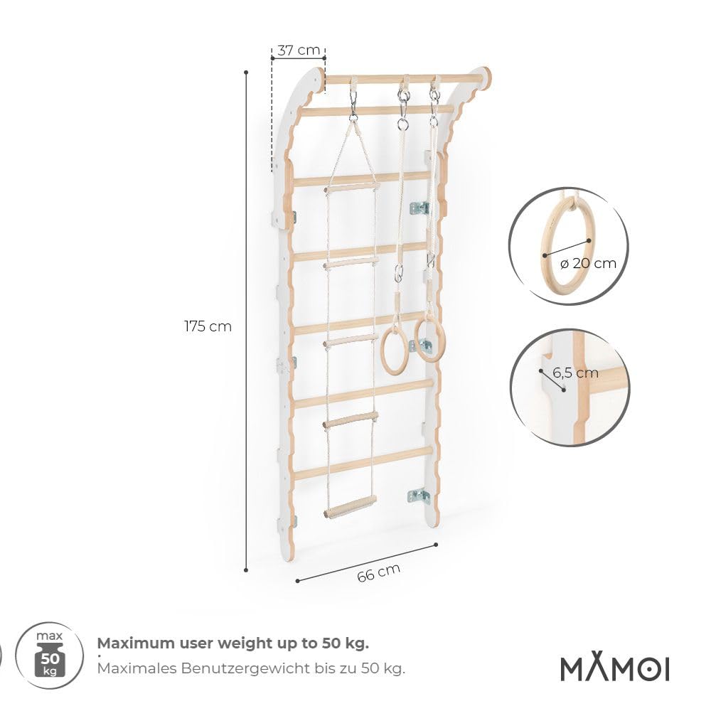 MAMOI® Klettergerüst Indoor, Sprossenwand für Zimmer, Turnringe für Klettern, Kletterwand und Spielgeräte, Turngeräte mit Klimmzugstange für drinnen, Sportgeräte
