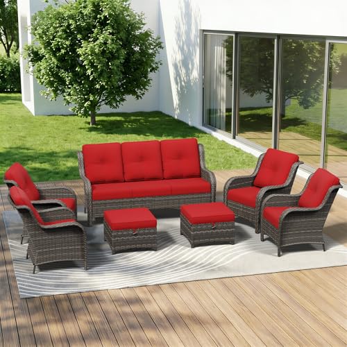 Image of 7 Piece Outdoor Wicker Patio Furniture Set, Patio Chairs Set with Thickened Olefin Cushions, High Back and Deep Seating, Hand-Woven PE Rattan, Ottoman for Porch, Deck