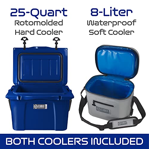 Cubix Outdoors Viva 25Qt/8L Rotomolded Portable Hard Cooler Ice Chest + Soft Cooler Bag Insulated Lunch Box | Camping, Beach, Grocery Shopping, 25 Quart & 8 Liter, Azure Blue + Light Grey #TOP2