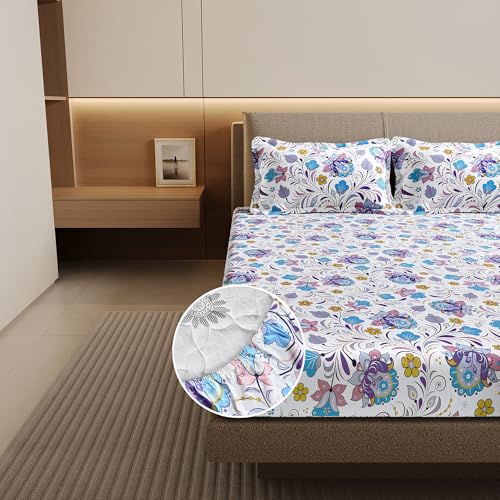 Image of Divine Casa Cotton Double Bed Sheet Fitted (200 x 150 CM) with 2 Pillow Covers | Double Fitted Bedsheet | Soft Breathable Elastic Bedsheet Double | Mattress Sheet 200x150