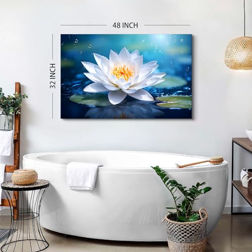 Image of Large Wall Art White Blossom Lotus Flower Wall Decor for Bathroom Blue Relax Meditation Zen Yoga Room Decorations 32x48 inch Nature Flower on Water Pictures Canvas Prints Spiritual Painting Framed Artwork
