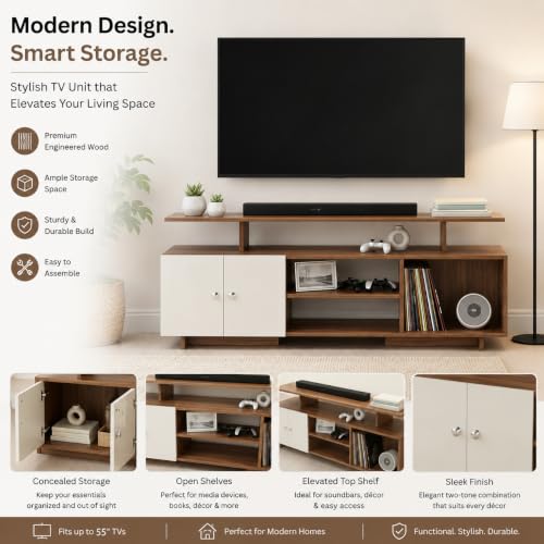 Image of FURNEASER Eskido Engineered Wood TV Entertainment Unit, Floor Standing TV Cabinet with Storage Shelves for Living Room, TV Stand for 32,43,50 & 55 Inch TV (Exotic Teak & White) (Exotic Teak & White)