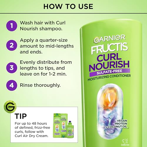 Garnier Fructis Curl Nourish Moisturizing Conditioner for Curly Hair, Plant Protein and Coconut Oil Formula, Up to 48HR of Curl Definition, Sulfate Free & Vegan, 12 Fl Oz, 3 Count (Packaging May Vary) - image 6