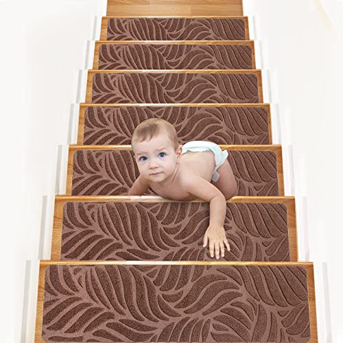 15 Pack Non-Slip Carpet Stair Runners Treads for Indoor Wooden Step with Adhesive Peel and Stick Rug Anti Moving Staircase Covers Mats, Reusable Washable Adhesive (15, Brown Leaves, 30X8)