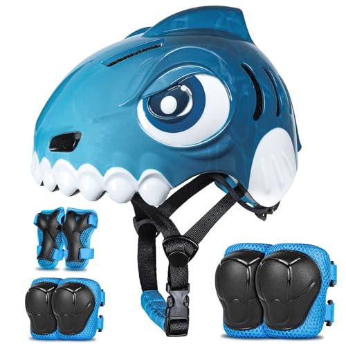 FUNWICT Casco Bicicleta Niño 3D Animados Casco Bici para Niños y Niñas de 3-8 Años Ajustable Casco Bici Bebe con Juego Protectores para Bicicleta, Patinete y Skateboard (Azul Set, S: 50-54 cm)
